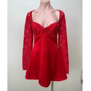 NWT House of CB Jennica Red Lace Sleeve Bustier Satin Mini Dress M